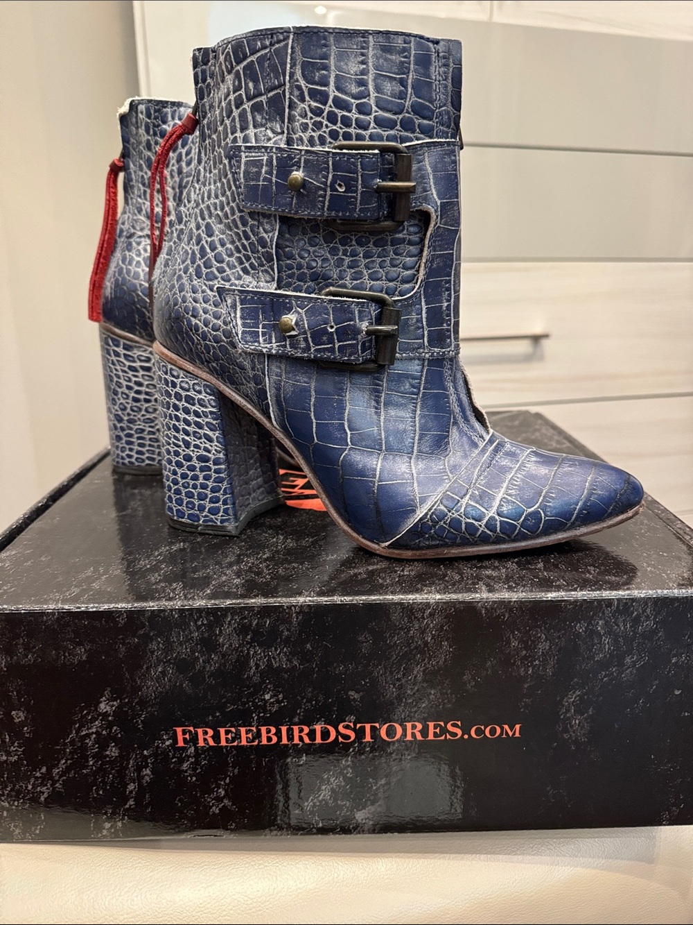 Freebird “Joey” Navy Croc-Embossed Leather Buckle Ankle Boots